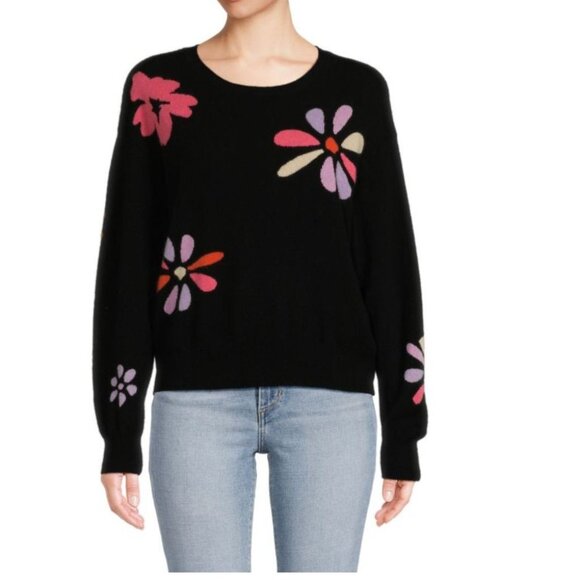 CRUSH CASHMERE Tropical Floral Cashmere Sweater Black Multi Size 0 XS - Picture 2 of 10